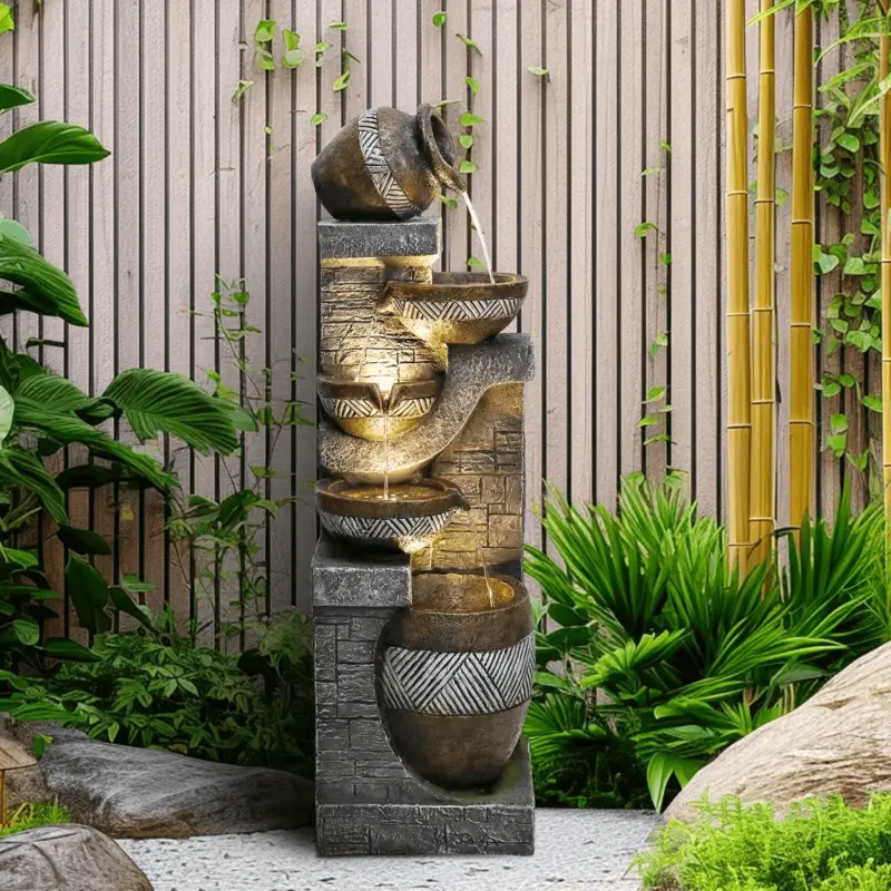 42.5"H-5 Tiered Clay Pot Outdoor Water Fountain with LED Light