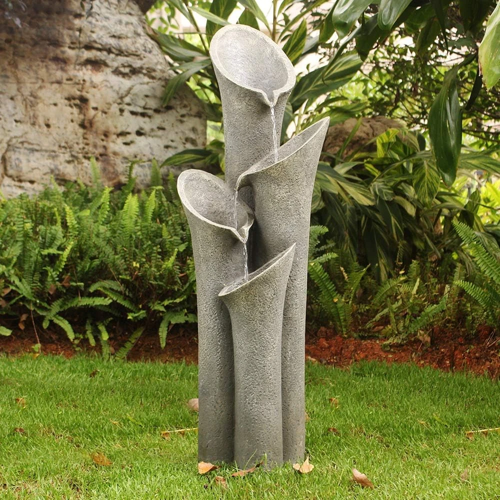 product_image_1765391493 33.5"H-Bell 4-Tier Cascading Floor Rock Water Outdoor Fountain with LED Lights