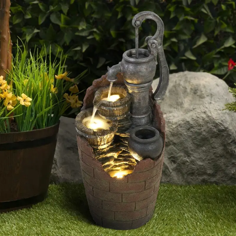 32.6''H 3-Tier Retro Barrel Outdoor Fountain with LED Lights