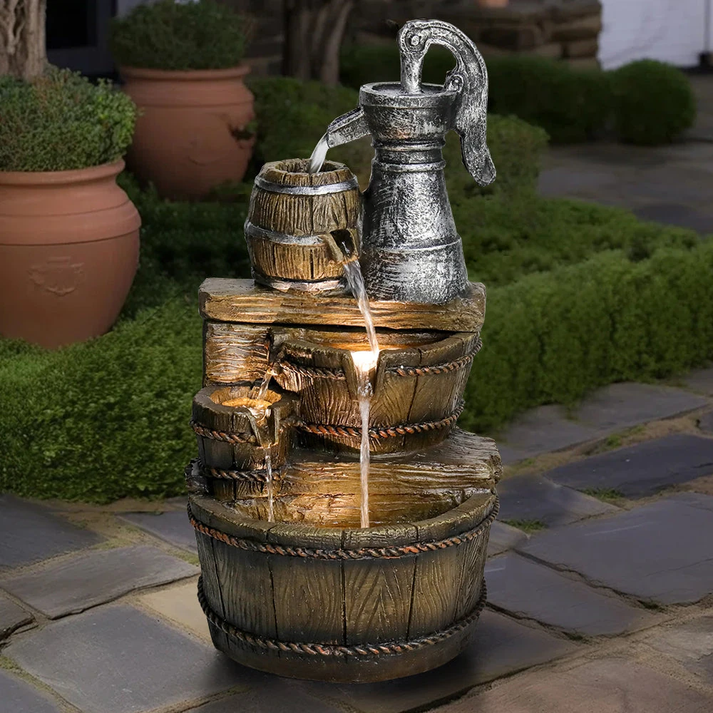 product_image_1765393242 25.5''H 3-Tiered Retro Barrel Outdoor Fountain with LED Lights