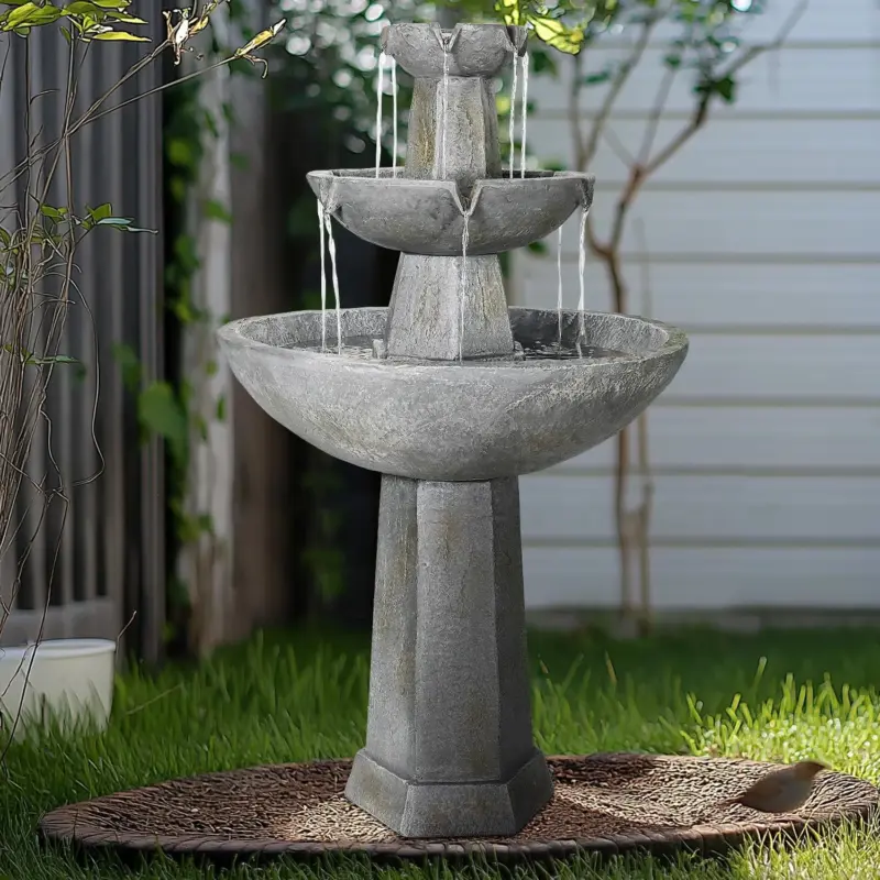 3-Tiered Cement Grey Outdoor Garden Fountain-43.3"H