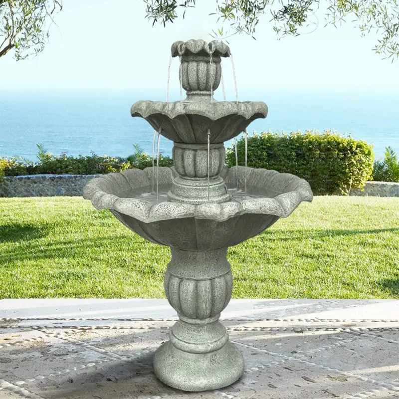 39.3" Fiber Concrete Lotus Leaf Fountain 3-Tier Outdoor Bird Bath