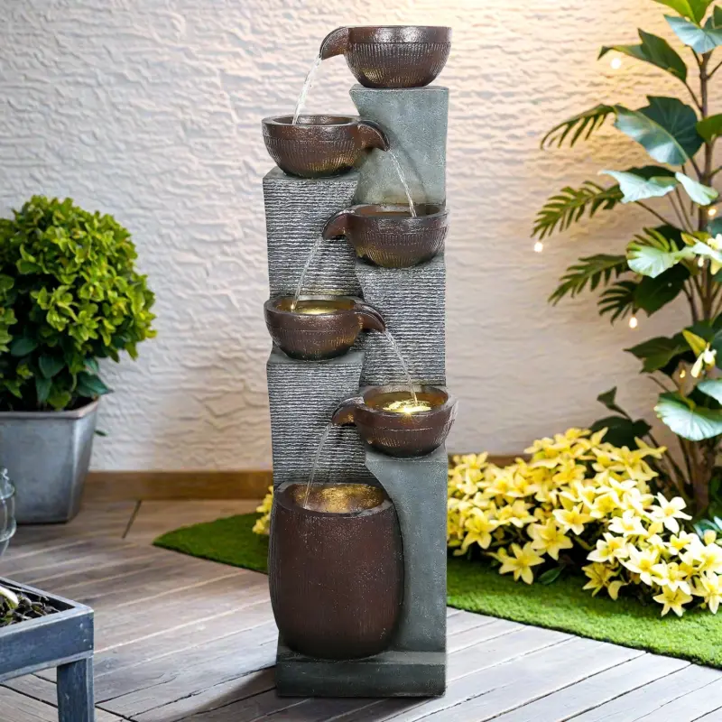 53.5in High Outdoor Indoor Water Fountain, 6-Tiered Poly-Resin Waterfall Fountain with LED Lights