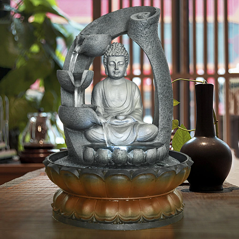 product_image_1765564231 Indoor Tiered Resin Buddha Tabletop Fountain with LED Light and Lotus Base-11"H